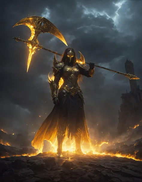 Impressionist painting , concept art, closeup low angle, A warrior in dark, ornate armor, intricate full mask, holds a radiant glowing golden axe, her glowing long hair billows in the air, stands on a battlefield, chaotic scene, set against a backdrop of imposing structures silhouetted against a stormy sky, artwork, dramatic fantasy theme, characterized by expressive, dynamic brushwork, contrast between the bright sword and the dark surroundings, matte painting, insane detailed, <lora:- SDXL - vanta-black_contrast_V3.0:1>, <lora:glowneon_xl_v1:0.3>, <lora:zavy-cntrst-sdxl:1>, <lora:SDXLFaeTastic2400:0.5> . Loose brushwork, vibrant color, light and shadow play, captures feeling over form