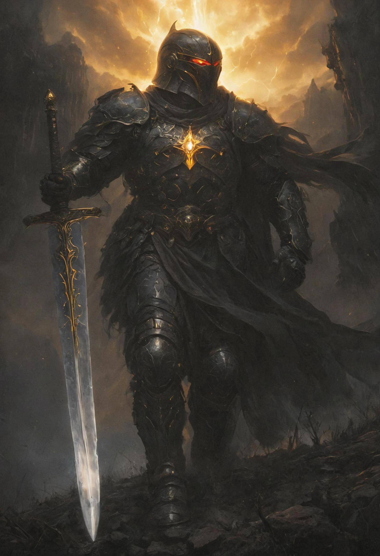 Impressionist painting , concept art, closeup low angle, A warrior in dark, ornate armor, intricate helmet, holds a radiant glowing golden sword, his glowing long hair billows in the air, stands on a battlefield, chaotic scene, set against a backdrop of imposing structures silhouetted against a stormy sky, artwork, dramatic fantasy theme, characterized by expressive, dynamic brushwork, contrast between the bright sword and the dark surroundings, matte painting, insane detailed, <lora:- SDXL - vanta-black_contrast_V3.0:1>, <lora:glowneon_xl_v1:0.3>, <lora:zavy-cntrst-sdxl:1>, <lora:SDXLFaeTastic2400:0.5> . Loose brushwork, vibrant color, light and shadow play, captures feeling over form