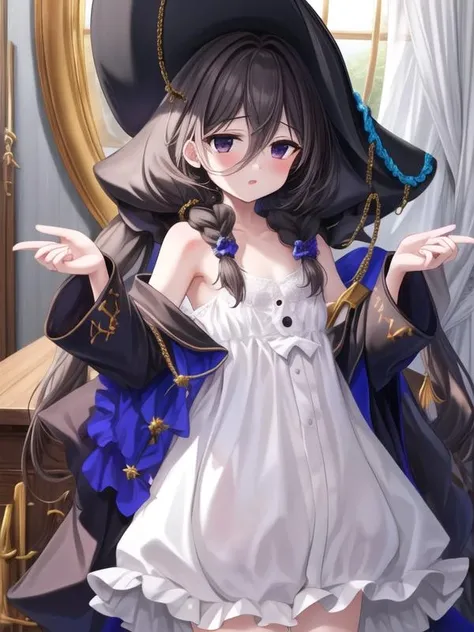 1girl, < <lora:Whydah_v1:0.8>Whydah,black hair, long hair, hat,low twintails, petite, flat chest, white dress, black jacket,, <lora:flatBG:-0.5> ,<lora:flat2:-0.5>,(dark light:1.2),(hyper extreme detailed),(masterpeace:0.5),(hyper extreme),(photorealistic),game cg,llustration,novel illustration,beautiful lighting,light from the front,good_hands,beautiful art ,BREAK, <lyco:GoodHands-beta2:1.2>,(good hand,nice hands, perfect hands:1.3),(five finger:1.4),