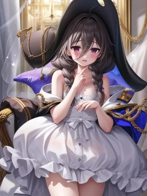 1girl, < <lora:Whydah_v1:0.9>Whydah,black hair, long hair, hat,low twintails, petite, flat chest, white dress, black jacket,, <lora:flatBG:-0.5> ,<lora:flat2:-0.5>,(dark light:1.2),(hyper extreme detailed),(masterpeace:0.5),(hyper extreme),(photorealistic),game cg,llustration,novel illustration,beautiful lighting,light from the front,good_hands,beautiful art ,BREAK, <lyco:GoodHands-beta2:1.2>,(good hand,nice hands, perfect hands:1.3),(five finger:1.4),