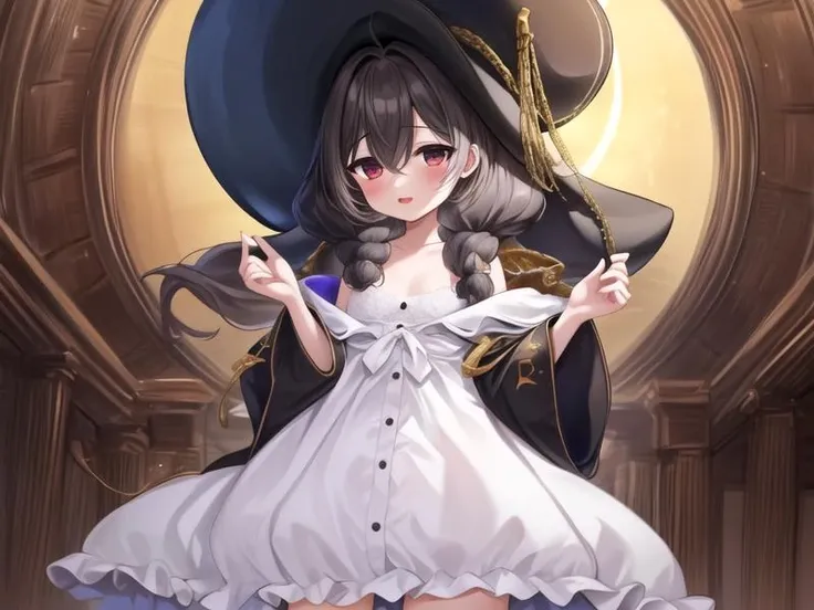 1girl, < <lora:Whydah_v1:0.85>Whydah,black hair, long hair,black tricorn hat,low twintails, petite, flat chest, white dress, black jacket,, <lora:flatBG:-0.5> ,<lora:flat2:-0.5>,(dark light:1.2),(hyper extreme detailed),(masterpeace:0.5),(hyper extreme),(photorealistic),game cg,llustration,novel illustration,beautiful lighting,light from the front,good_hands,beautiful art ,BREAK, <lyco:GoodHands-beta2:1.2>,(good hand,nice hands, perfect hands:1.3),(five finger:1.4),