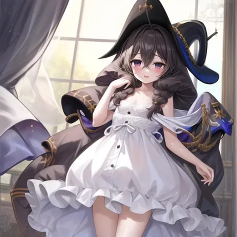 1girl, < <lora:Whydah_v1:0.85>Whydah,black hair, long hair,black tricorn hat,low twintails, petite, flat chest, white dress, black jacket,, <lora:flatBG:-0.5> ,<lora:flat2:-0.5>,(dark light:1.2),(hyper extreme detailed),(masterpeace:0.5),(hyper extreme),(photorealistic),game cg,llustration,novel illustration,beautiful lighting,light from the front,good_hands,beautiful art ,BREAK, <lyco:GoodHands-beta2:1.2>,(good hand,nice hands, perfect hands:1.3),(five finger:1.4),