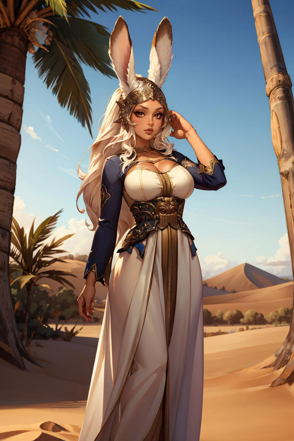 masterpiece, best quality, <lora:edgMoroccanCaftan:1.2> edgCaftan, robe, wearing edgCaftan <lora:fran-nvwls-v1-final:0.75> fran, viera, helmet, large breasts, desert, palm tree, oasis