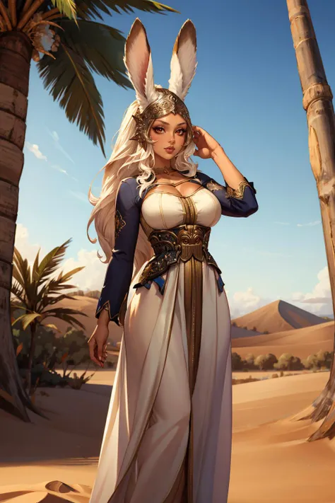 masterpiece, best quality,  <lora:edgMoroccanCaftan:1.2> edgCaftan, robe, wearing edgCaftan   <lora:fran-nvwls-v1-final:0.75> fran, viera, helmet, large breasts, desert, palm tree, oasis