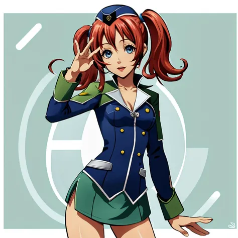 Fran Seeker, athletic build, tiny waist, (pokies:1.1), blue eyes, small_breasts, red hair, twintails, garrison cap, uniform, suit, (green miniskirt:1.1), open hand, <lora:fran-nvwls-v3:0.6> <lora:Fran:0.9>