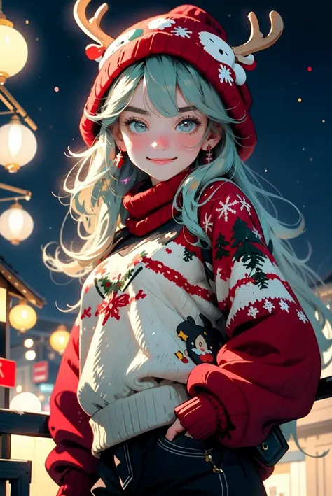 a heartwarming (half portrait:1.5) photo of 1 girl, smile,  christmas oversize pullover sweater with reindeer pattern,  knitting hat, stands in front of a beautifully decorated Christmas tree,  capturing the essence of the Christmas spirit, 
best quality, masterpiece, ultra high res, highly detailed, in the night, vibrant colors,