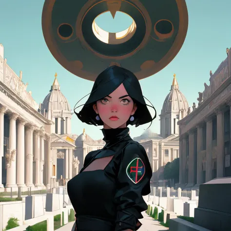 1girl, colorful art by Herbert Bayer, Digital art, 2000'S stocky Female Grave robber, Rule of Thirds, background is St. Peter's Basilica, Saturated