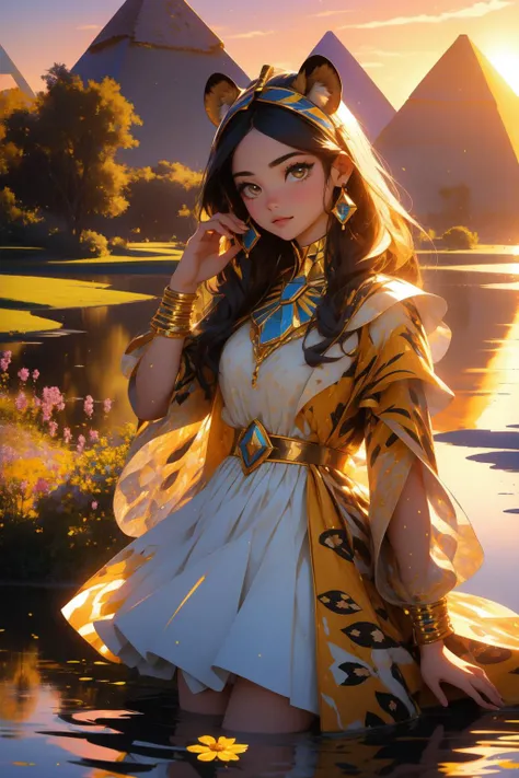 1girl, fantasy, Orton effect, Full length frame of a Awe-Inspiring Aggravated ([Mink|Great Pyramid of Giza]:1.3) , simple electric yellow and cheetah print background, dense pond with Garden, at Sunset, in focus, [ (designed by Mike Mayhew:1.2) , (Mona Hatoum:1.2) :10], Magic Realism, Happy, Magical Realism, Dramatic spotlight, telephoto lens, Electic Colors, cute and magnificent, overly complex style, High quality, RTX