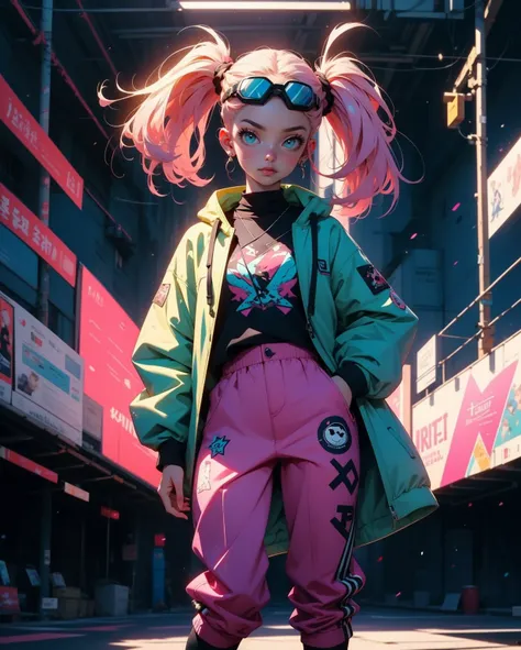 ((best quality)),  ((masterpiece)),  (detailed),  female ((perfect face)),  full body pose,  streetwear,  hot pink,  teal,  dark blue,  goggles