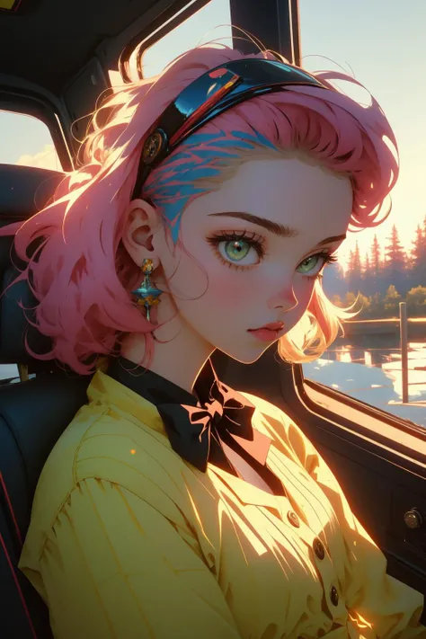 1girl, (cinema art stylized by Andrea Arnold:1.3) and (Alexander Milne Calder:0.7) and (Kiki Smith:0.7) , detailed, insane details, aerial shot of a Comely Brilliant tiny Belarusian Wallflower ([Butters Stotch|Orsimer]:1.3) , he is driving a Yacht, he is very embarrased, his hair is Drab and styled as Shaved head with a beard, he has a [Scenic|Conscious] Czech Lime green Bowtie, Patches, Soviet woods and vegetation, at Sunrise, soft focus, Rough sketch, Manic, Cutester Art, Lens Flare, Selective focus, Oversaturated, fluorescent yellow and dark indigo splash, Mustard splash, realistic and detailed, dark pink detailed eyes, extremely hyper aesthetic, highly detailed