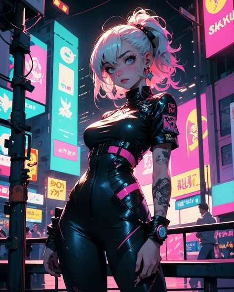 masterpiece,  best quality,  full body,  1girl,  looking at viewer,  Confident girl with slightly sassy expression,  Harajuku-inspired pop outfit,  bold colors and patterns,  eye-catching accessories,  trendy and innovative hairstyle,  vibrant makeup,  futuristic and dazzling cyberpunk cityscape,  skyscrapers,  neon signs,  LED lights,  bright and vivid color scheme,  anime,  illustration,  detailed skin texture,  detailed cloth texture,  beautiful detailed face,  intricate details,  ultra detailed.