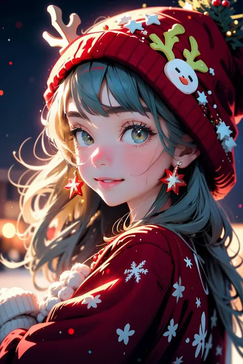 a heartwarming (half portrait:1.5) photo of 1 girl, smile,  christmas oversize pullover sweater with reindeer pattern,  knitting hat, stands in front of a beautifully decorated Christmas tree,  capturing the essence of the Christmas spirit, 
best quality, masterpiece, ultra high res, highly detailed, in the night, vibrant colors,