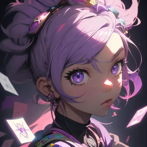 1girl, Decora, hearthstone artwork, Anime, Kodak portra, Direct light, Fantasy Uncle, in Polera, Gray hairstyle, purple hue, Abstract Expressionism, Provia