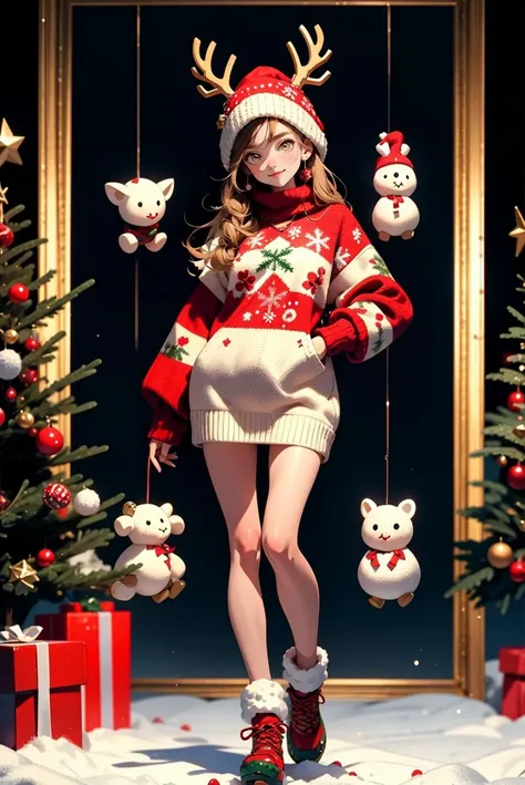 a heartwarming (full body portrait:1.5) photo of 1 girl, smile, christmas oversize pullover sweater with reindeer pattern, knitting hat, stands in front of a beautifully decorated Christmas tree, capturing the essence of the Christmas spirit,
best quality, masterpiece, ultra high res, highly detailed, in the night, vibrant colors,