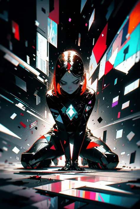 decef, stained glass fragments, disintegrating effect, 1 girl ,kneeling, in the night,
<lora:decef:0.9>, exaggerated, full of dynamic, geometric, particle, holo, motion lines,