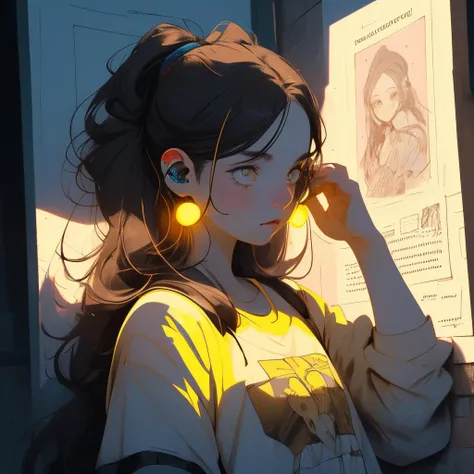 1girl, Intaglio Print of a by GLaDOS, Tobolar, Tobolar is 1700'S, wearing Stars, Dark hair, deep yellow highlights, Earbuds, Bathed in shadows, Pastel Colors, bold lettering