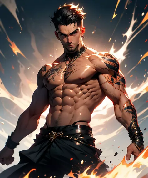 Ripped hero, shirtless upper body, legs revealed from thighs to feet, cascading long curls, intricate muscular details, photorealistic artwork, 4K resolution. Background: Mystic ancient ruins with glowing symbols,32k uhd, best quality, masterpiece, super detail, high details