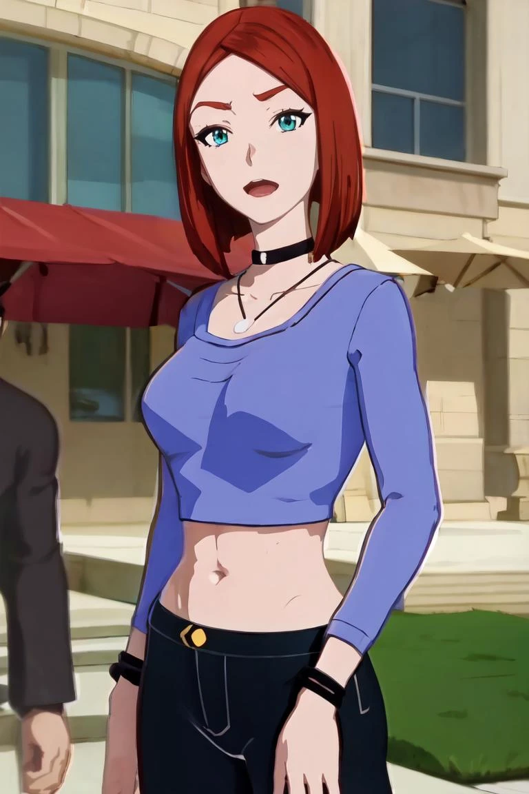 straight-on,pose,looking at viewer,solo, BREAK,
CARTOON_merry_jane_watson_SMTAS_ownwaifu, www.ownwaifu.com, 3d,
red hair, short hair, green eyes, breasts, makeup, lipstick, red lips, large breasts, narrow waist, curvy, bob cut, lips,
choker, jewelry, necklace, black choker, midriff, blue shirt, crop top, long sleeves, navel, black_pants, jeans, denim, wristband,
<lora:CARTOON_merry_jane_watson_SMTAS_ownwaifu-15:0.85> , BREAK, official art, highres, scenery, (masterpiece:1.1), (best quality,:1.1), (high quality:1.1), (anime screencap:1.2),