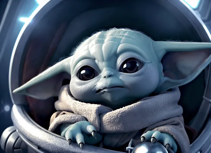 a 3d cartoon of cute drooling (baby_yodah) holding a metal knob in a space ship, digital art, close view, cozy, high resolution, very detailed, best quality, star wars, <lora:groguLora_v1-BABY_YODAH-:0.70>