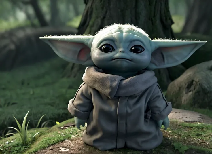 a 3d cartoon of cute (baby_yodah) standing in the woods, digital art, high resolution, very detailed, best quality, star wars, <lora:groguLora_v1-BABY_YODAH-:0.70>