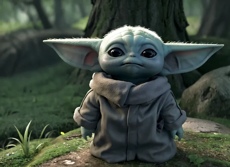 a 3d cartoon of cute (_yodah) standing in the woods, digital art, high resolution, very detailed, best quality, star wars, <lora:groguLora_v1-BABY_YODAH-:0.70>