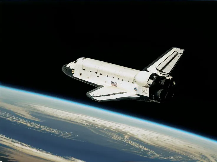 High quality photograph from 1988,analog style, Space shuttle orbiting the Earth, <lora:shuttl3:0.8>,detailed structure