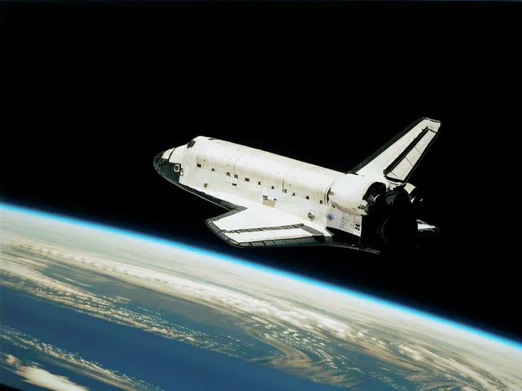 High quality photograph from 1988,analog style, Space shuttle orbiting the Earth, <lora:shuttl3:0.8>,detailed structure