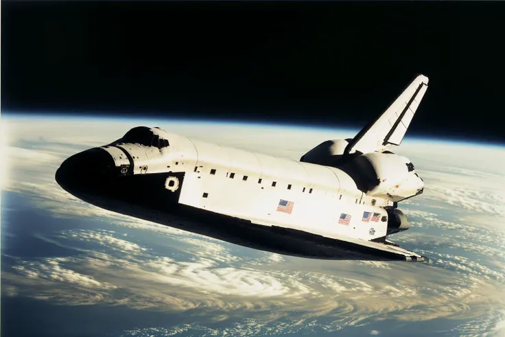 High quality photograph from 1988,analog style, Space shuttle orbiting the Earth, <lora:shuttl3:0.8>,detailed structure