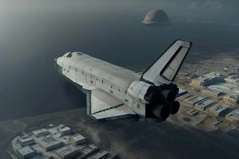 analog gloomy aerial photo of a (NASA Space Shuttle, <lora:shuttl3:0.8>), ((nighttime)), flying over abandoned alien city ruins, High Detail, Sharp focus, (photorealism), realistic, best quality, 8k, award winning, dramatic lighting, epic, cinematic, masterpiece, rim light, action movie, war,