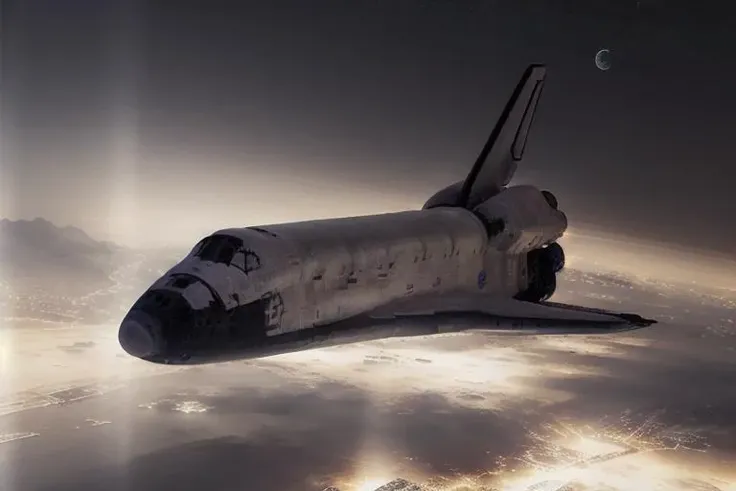 analog gloomy aerial photo of a (NASA Space Shuttle, <lora:shuttl3:1>), ((nighttime)), flying over abandoned alien city ruins, High Detail, Sharp focus, (photorealism), realistic, best quality, 8k, award winning, dramatic lighting, epic, cinematic, masterpiece, rim light, action movie, war,