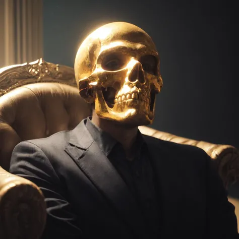 a ghost ,skull,business suit, sitting,throne, golden skull, gold,backlight,politician, ,dark theme,upperbody,(closeup:1.3), official art,finely detail, Depth of field,(((masterpiece))),((extremely detailed CG unity 8k wallpaper)),best quality, high resolution illustration,Amazing,highres,intricate detail,(best illumination, best shadow, an extremely delicate and beautiful),, Cinematic Lighting,,dark, (underlighting:1.2), <lora:SLS:1.0>,, <lora:add_detail:1>