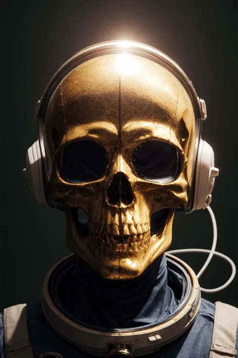 a ghost ,skull,astronaut, space helmet, golden skull, gold, official art,finely detail, Depth of field,(((masterpiece))),((extremely detailed CG unity 8k wallpaper)),best quality, high resolution illustration,Amazing,highres,intricate detail,(best illumination, best shadow, an extremely delicate and beautiful),, Cinematic Lighting,,dark, (underlighting:1.2), <lora:SLS:1.0>,, <lora:add_detail:1>