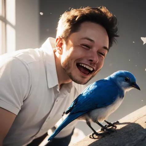 a man (elon musk) evil laughing, chasing a bird,(blue bird), official art,finely detail, Depth of field,(((masterpiece))),((extremely detailed CG unity 8k wallpaper)),best quality, high resolution illustration,Amazing,highres,intricate detail,(best illumination, best shadow, an extremely delicate and beautiful),, <lora:SLS:1.0>,