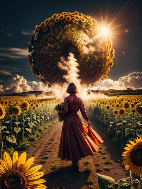 a woman holding a bunch of sunflowers in her hands and looking at the sky with a smile,((red clothes)),sunflowers field,(sky:1.3),clear sky,meadow,(giant flowers:1.5),strong wind,dramatic lighting,bloom, noisy film grain effect, super wide shot,meteor,(end of the world:1.5) , <lora:SLS:1>,dark theme <lora:LowRA:0.3>, official art,finely detail, Depth of field,(((masterpiece))),((extremely detailed CG unity 8k wallpaper)),best quality, high resolution illustration,Amazing,highres,intricate detail,(best illumination, best shadow, an extremely delicate and beautiful),<lora:add_detail:1>, tilt-shift photography, miniature effect, selective focus, blurred edges, small-scale illusion, playful perspective