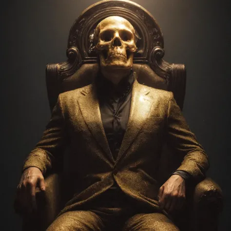 skullman wearing business suit,throne, ((golden skull)), gold,dark theme,, <lora:add_detail:1>, <lora:SLS:1.0>,, (8k, RAW photo, best quality, masterpiece:1.2), (realistic, photo-realistic:1.4), highres, ultra-detailed, extremely detailed, depth of field,