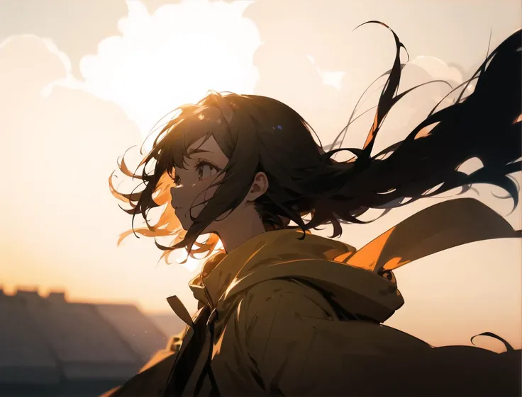 an extremely delicate and beautiful girl, 8k wallpaper, masterpiece, best quality,Illustration,detailed face depiction,(contre-jour:1.2),sunlight,rim light,(backlight:1.5),solo,1girl,outdoors,cloud,sky,short hair,sunset,sun,blurry,black hair,long sleeves,holding,upper body,horizon,hood,wind,depth of field,floating hair,blurry background,sunrise,hood down,