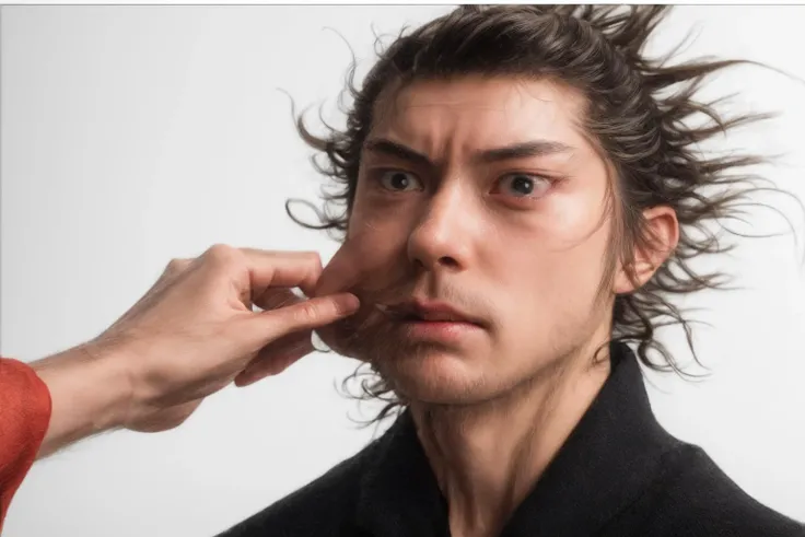 japanese man,samurai, messy hair,white background,deep shadow, surprised, grab cheek, (8k, RAW photo, best quality, masterpiece:1.2), (realistic, photo-realistic:1.4), highres, ultra-detailed, extremely detailed, depth of field,, <lora:SLS:1.0>,, <lora:add_detail:1>, Cinematic Lighting,,(sidelighting:1.4),moody lighting,sunlight