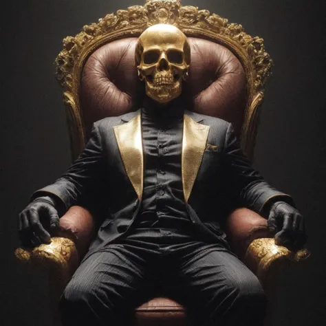 skullman wearing business suit,throne, ((golden skull)), gold,dark theme,, <lora:add_detail:1>, <lora:SLS:1.0>,, (8k, RAW photo, best quality, masterpiece:1.2), (realistic, photo-realistic:1.4), highres, ultra-detailed, extremely detailed, depth of field,