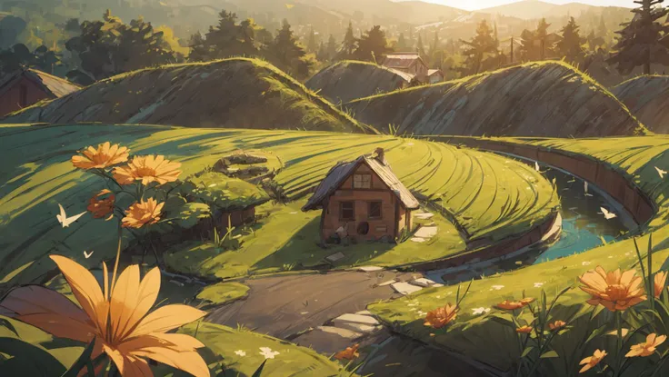 house,mountain,sunrise,sky,river,flower field, trees,birds,<lora:SLS:0.7> ,warmlight,sunlight,toplighting,landscape, view from above,people sitting, official art,finely detail, Depth of field,(((masterpiece))),((extremely detailed CG unity 8k wallpaper)),best quality, high resolution illustration,Amazing,highres,intricate detail,(best illumination, best shadow, an extremely delicate and beautiful),, <lora:add_detail:1>, tilt-shift photography, miniature effect, selective focus, blurred edges, small-scale illusion, playful perspective