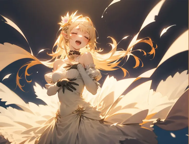 an extremely delicate and beautiful girl, 8k wallpaper, masterpiece,Cinematic Lighting, best quality,Illustration,detailed face depiction,(toplighting:1.2),dark,1girl, long hair, solo, dress, closed eyes, floating hair, singing, hands on own chest, pointy ears, music, black background, open mouth, bare shoulders, hair ornament, hand on own chest, choker, breasts, bangs, white dress, blue background, frills, flower, frilled dress, detached sleeves, very long hair, gloves, strapless, strapless dress