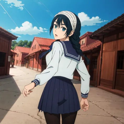 masterpiece,highres,high quality,extremely detailed,solo,town,looking back,
<lora:RikoAmanai001:0.7>,looking at viewer,
RikoAmanai,1girl,
single braid,
head scarf,
serafuku,blue ribbon,
pleated skirt,
pantyhose,
