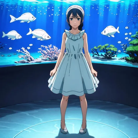 masterpiece,highres,high quality,extremely detailed,solo,aquarium,fish,
<lora:RikoAmanai001:0.7>,closed mouth,
RikoAmanai,1girl,
single braid,
head scarf,
dress,frill,sleeveless,full body,standing,