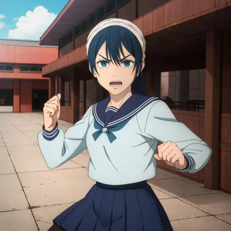 masterpiece,highres,high quality,extremely detailed,solo,outdoors,
<lora:RikoAmanai001:0.7>,angry,looking at viewer,
RikoAmanai,1girl,
single braid,
head scarf,
serafuku,blue ribbon,
pleated skirt,
pantyhose,
fighting_stance,