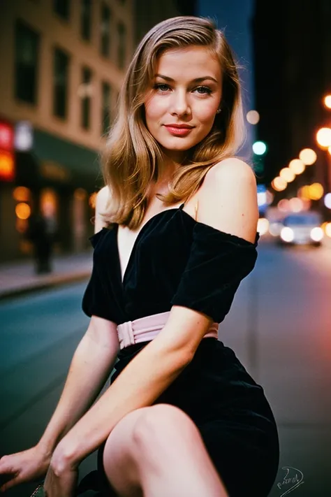 VeronicaLake, (upper body), ((1980s photograph, soft blush, pale skin, sleek hair, black dress with square neckline)), Century Camera Co. Studio, 160mm f/8, 1/10s, ISO 25, ((tintype)), smile, big eyes, doe-eyed, (analog, film, film grain:1.4), ((outside Studio 54, disco, night, gritty Manhattan street)), smile:1.3