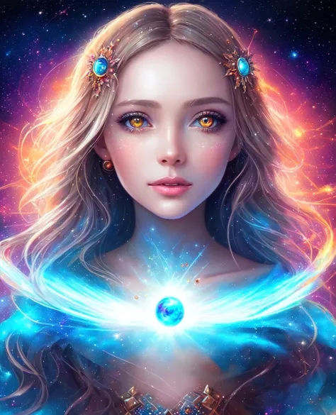 ultra realistic photo portrait of girl cosmic energy, colorful, painting burst, beautiful symmetrical face, nonchalant kind look, realistic round eyes, tone mapped, intricate, elegant, highly detailed, digital painting, artstation, concept art, smooth, sharp focus, illustration, dreamy magical atmosphere, 4k, 8k