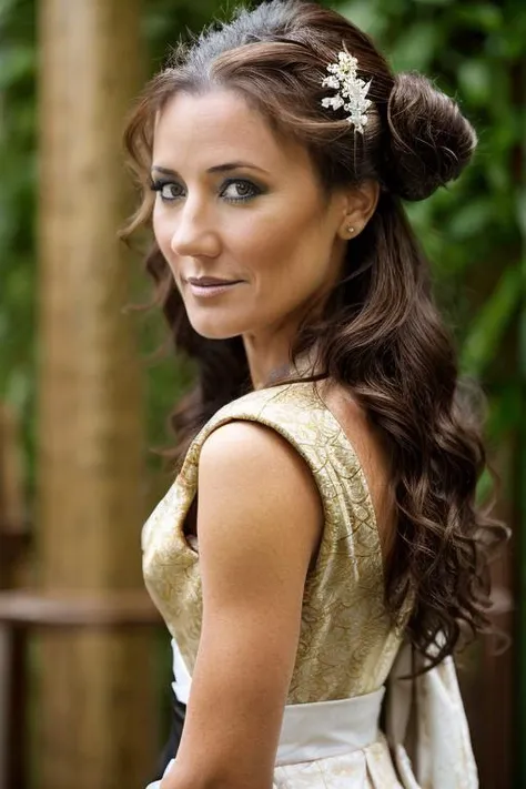 geisha costume , savannah , day <lora:Orla_Brady:1> masterpiece, best quality, detailed face,, 1girl, solo, a mature o1873b, brown_eyes, realistic, brown_hair, long_hair, posing,