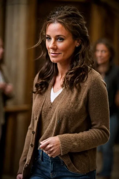 <lora:Orla_Brady:1> masterpiece, best quality, 1girl, solo, o1873b, brown_eyes, realistic, brown_hair, long_hair, posing, walking through a A tiny chapel nestled in the hills wearing a Dark Sand Brown jumper and blue jeans