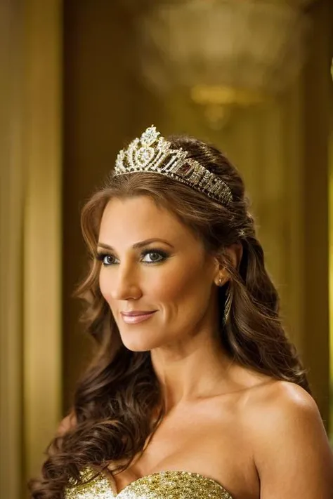 Woman in gold dress with white tones, linda, 30 year old woman, gold crown on the forehead, big butt, good legs, looking at the viewer very well detailed 