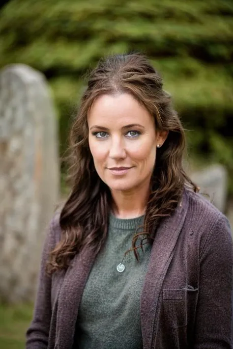 <lora:Orla_Brady:1> masterpiece, best quality, 1girl, solo, o1873b, brown_eyes, realistic, brown_hair, long_hair, posing, walking through a An ancient burial ground with standing stones wearing a Eye Brown jumper and blue jeans
