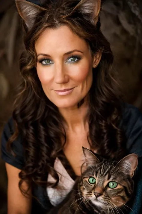 cat costume , cave , night <lora:Orla_Brady:1> masterpiece, best quality, detailed face,, 1girl, solo, a mature o1873b, brown_eyes, realistic, brown_hair, long_hair, posing,